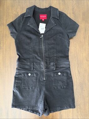NWT Guess Black Denim Short Sleeve Zip-Front Romper Stretch L